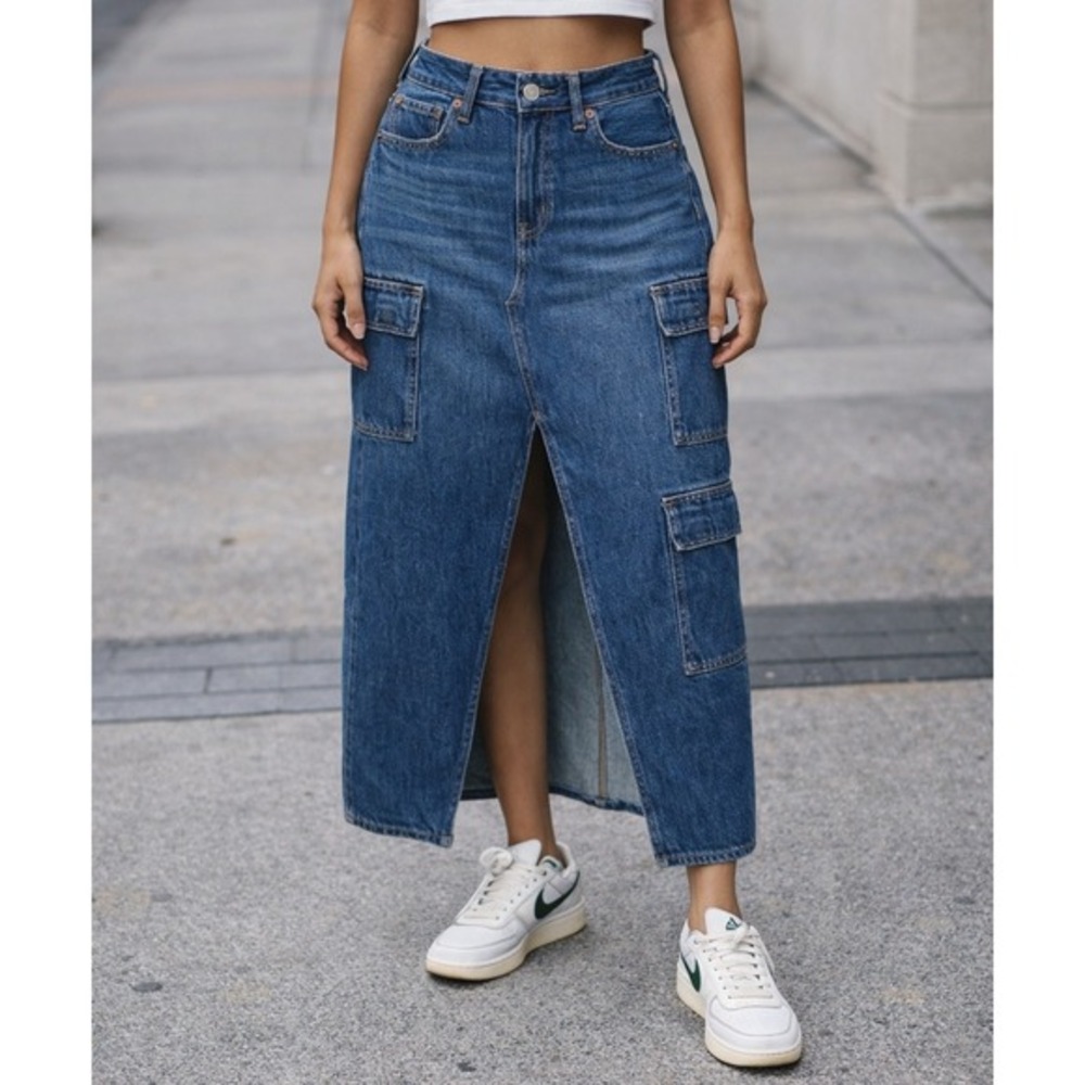 American Eagle Women Cargo Denim Maxi Skirt Size 6 Blue Utility‎ Y2K Gorpcore
